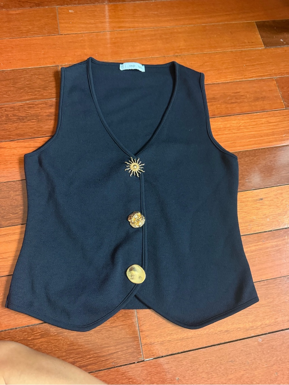 Mango Black V-Neck Sleeveless Top with Gold Medallion Buttons